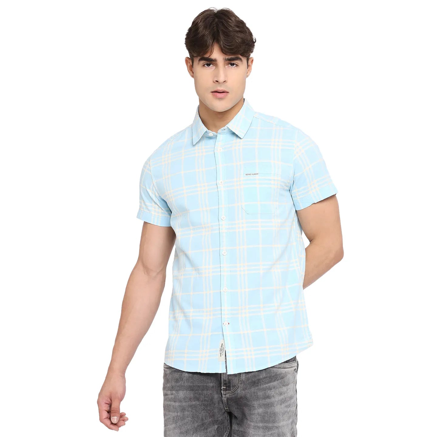 Blue Slim Straight Fit Regular Collar Short Sleeves Cotton Men's Shirt by Being Human Clothing