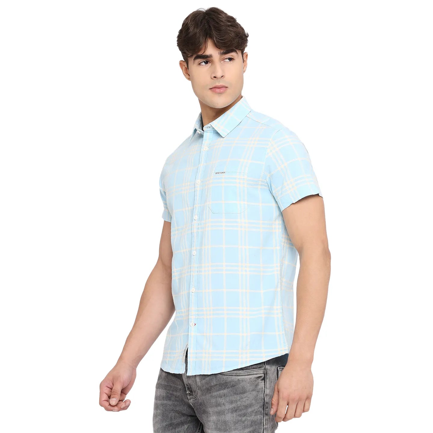 Blue Slim Straight Fit Regular Collar Short Sleeves Cotton Men's Shirt by Being Human Clothing
