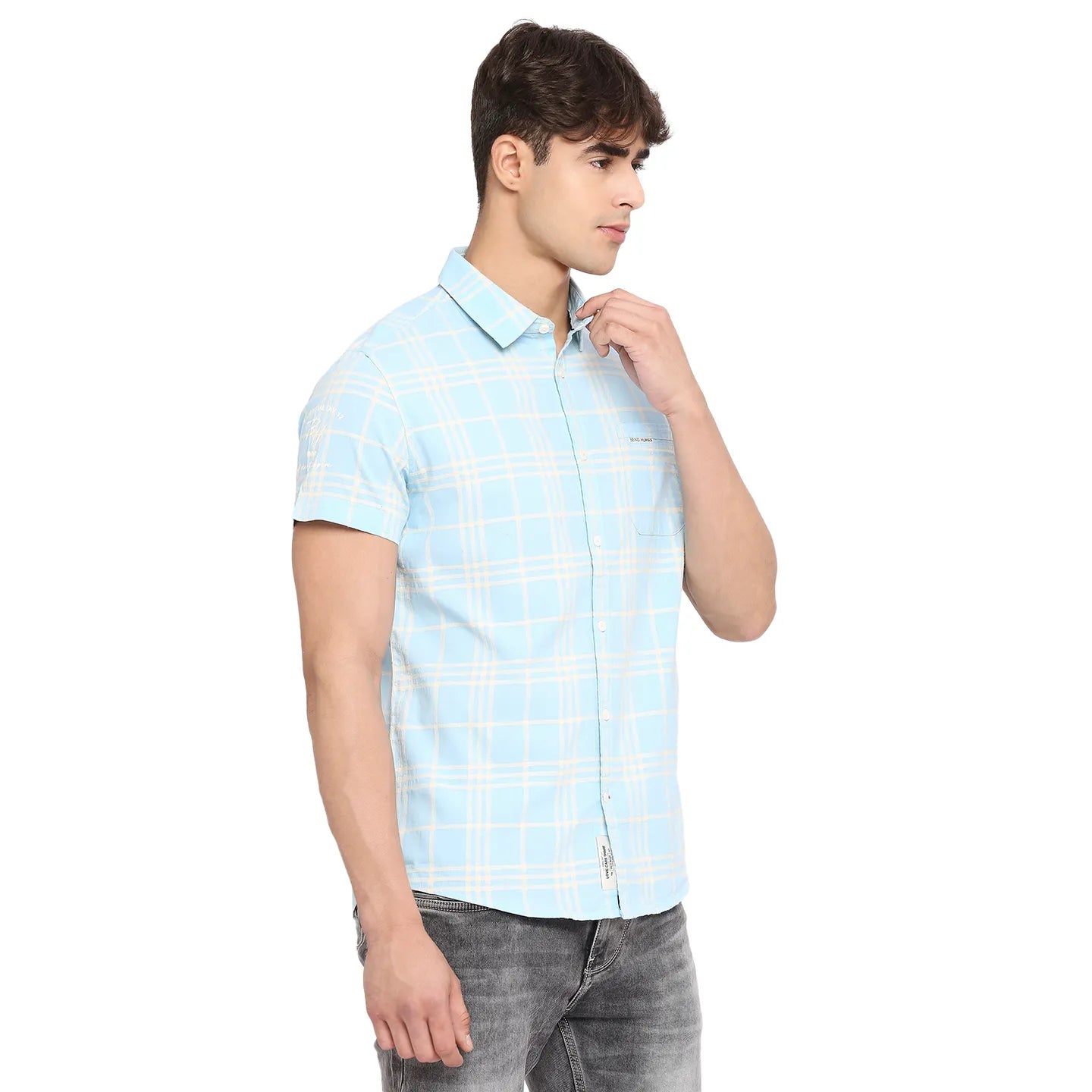 Blue Slim Straight Fit Regular Collar Short Sleeves Cotton Men's Shirt by Being Human Clothing