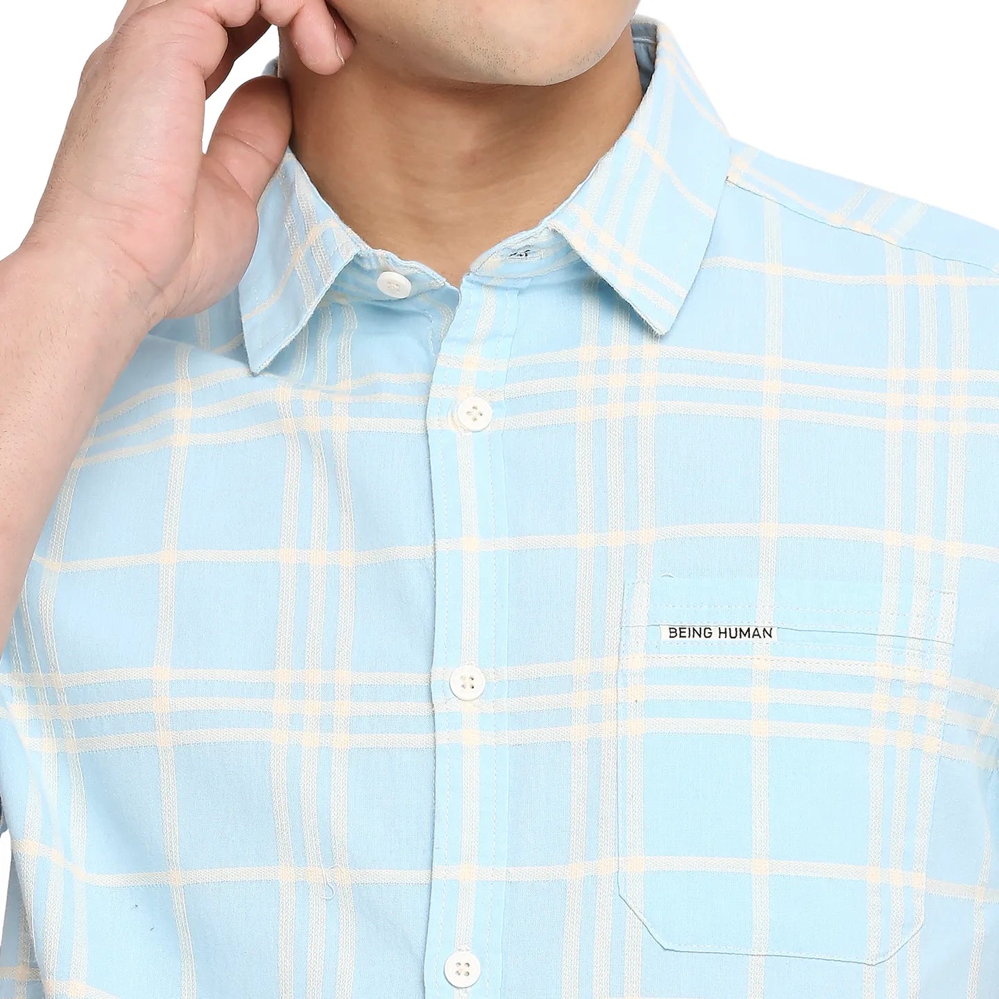 Blue Slim Straight Fit Regular Collar Short Sleeves Cotton Men's Shirt by Being Human Clothing