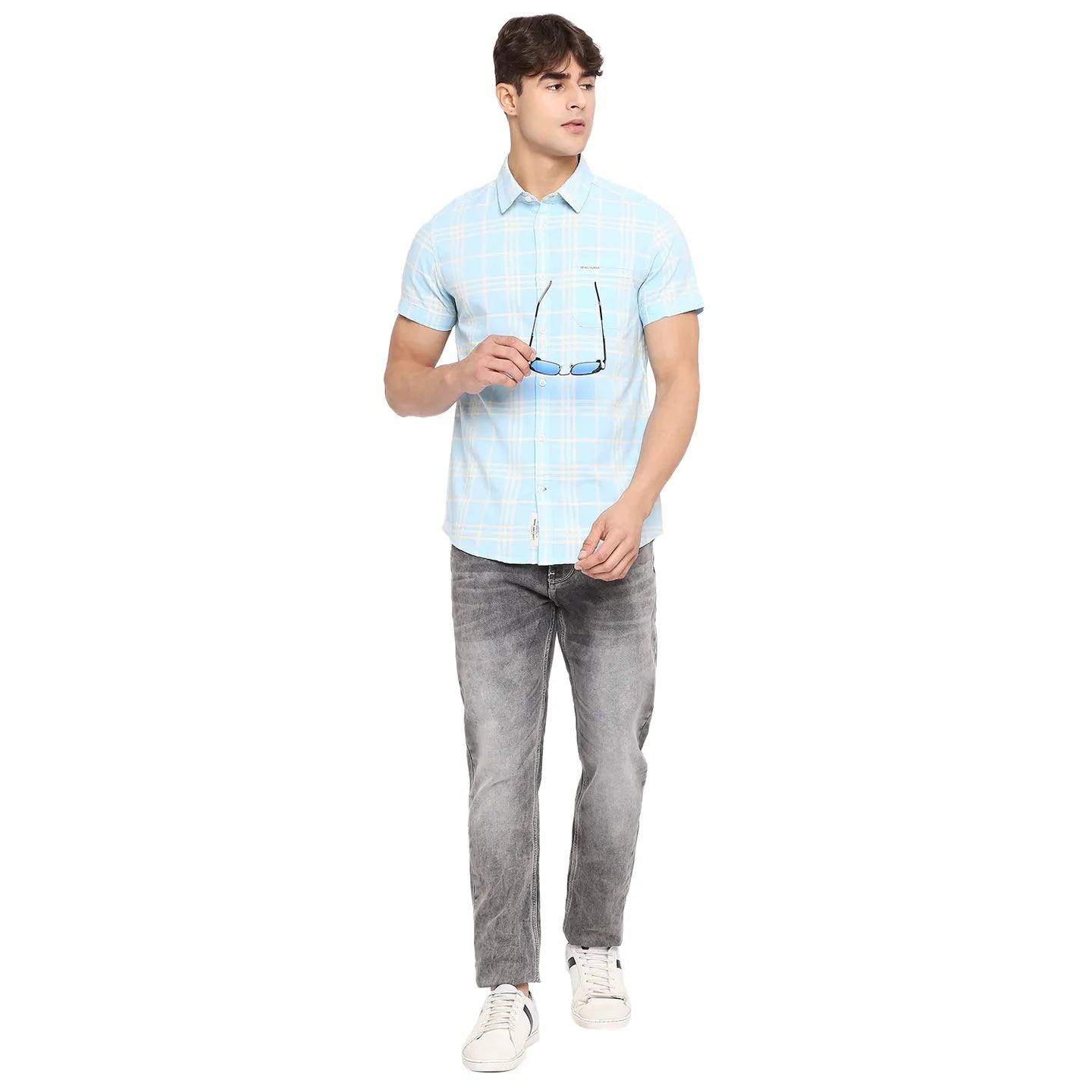 Blue Slim Straight Fit Regular Collar Short Sleeves Cotton Men's Shirt by Being Human Clothing