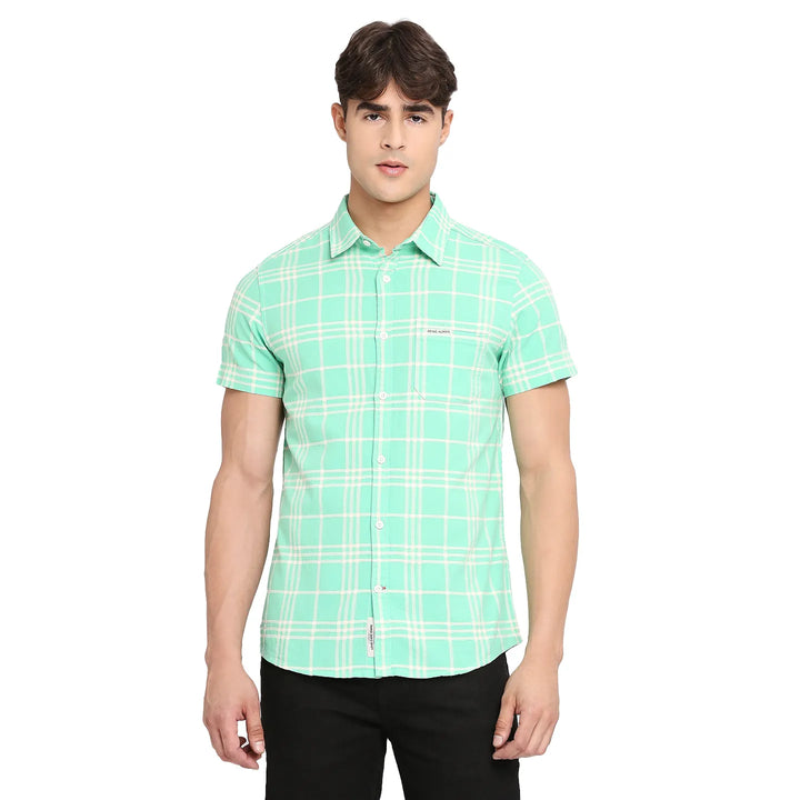 Green Slim Fit Regular Collar Men's Shirt by Being Human Clothing