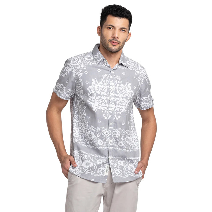 Grey Slim Straight Fit Regular Collar Short Sleeves Cotton Men's Shirt by Being Human Clothing