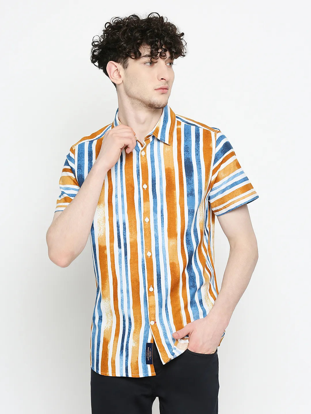Yellow Slim Straight Fit Regular Collar Short Sleeves Cotton Men's Shirt by Being Human Clothing