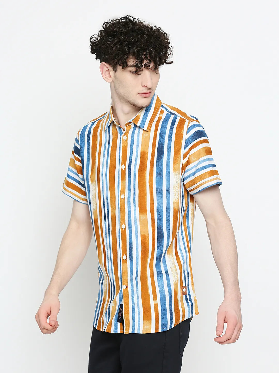 Yellow Slim Straight Fit Regular Collar Short Sleeves Cotton Men's Shirt by Being Human Clothing
