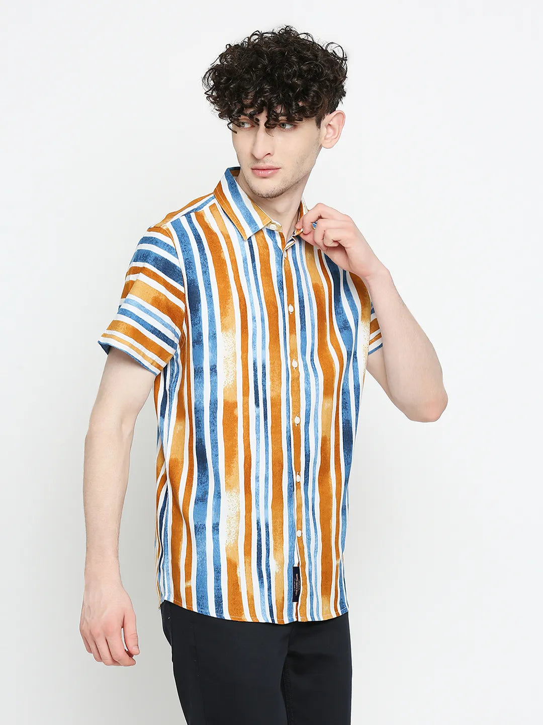 Yellow Slim Straight Fit Regular Collar Short Sleeves Cotton Men's Shirt by Being Human Clothing