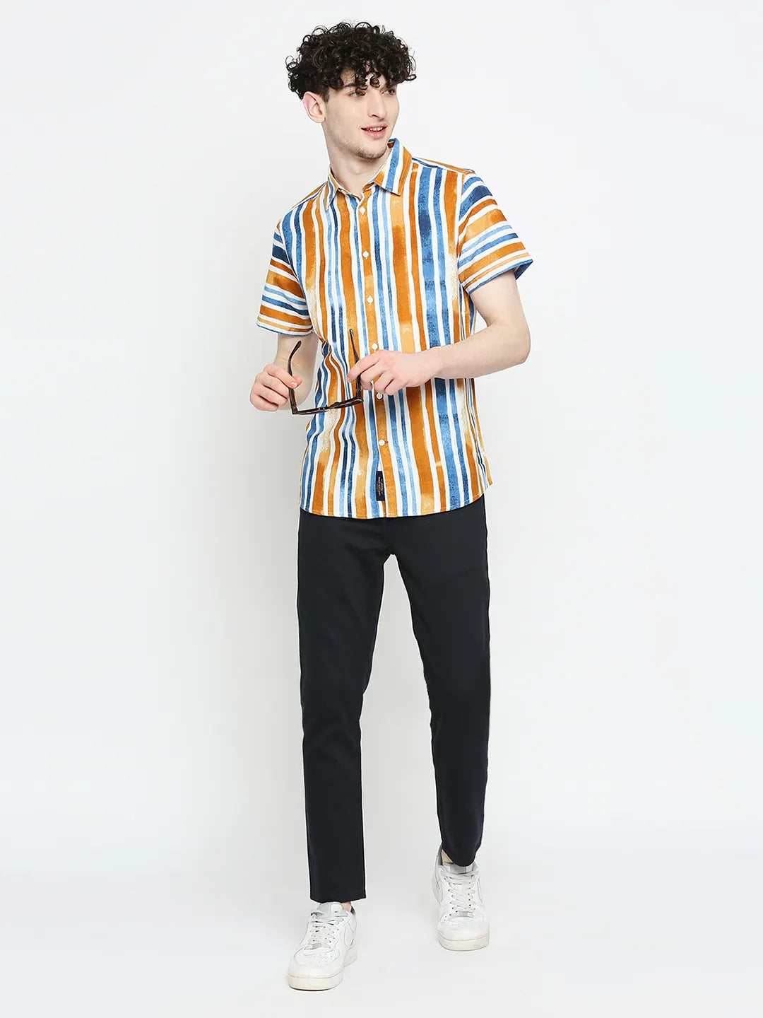 Yellow Slim Straight Fit Regular Collar Short Sleeves Cotton Men's Shirt by Being Human Clothing