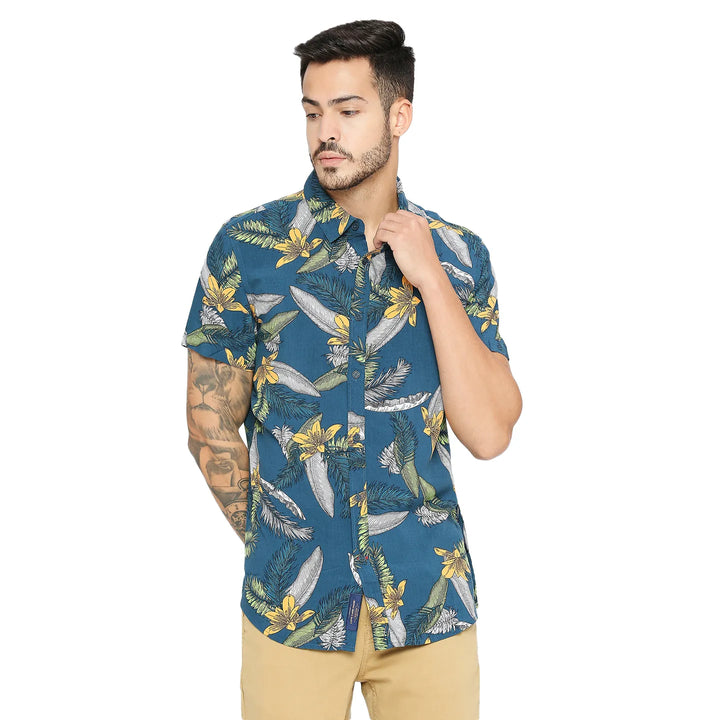 Blue Slim Straight Fit Regular Collar Short Sleeves Modal Men's Shirt by Being Human Clothing
