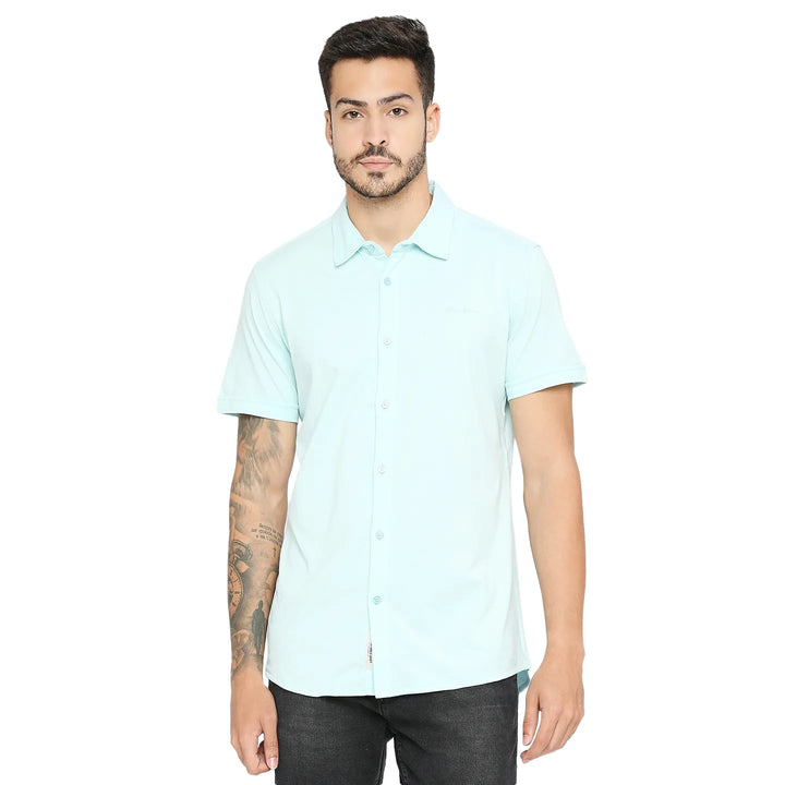 Green Slim Straight Fit Regular Collar Short Sleeves Cotton Men's Shirt by Being Human Clothing