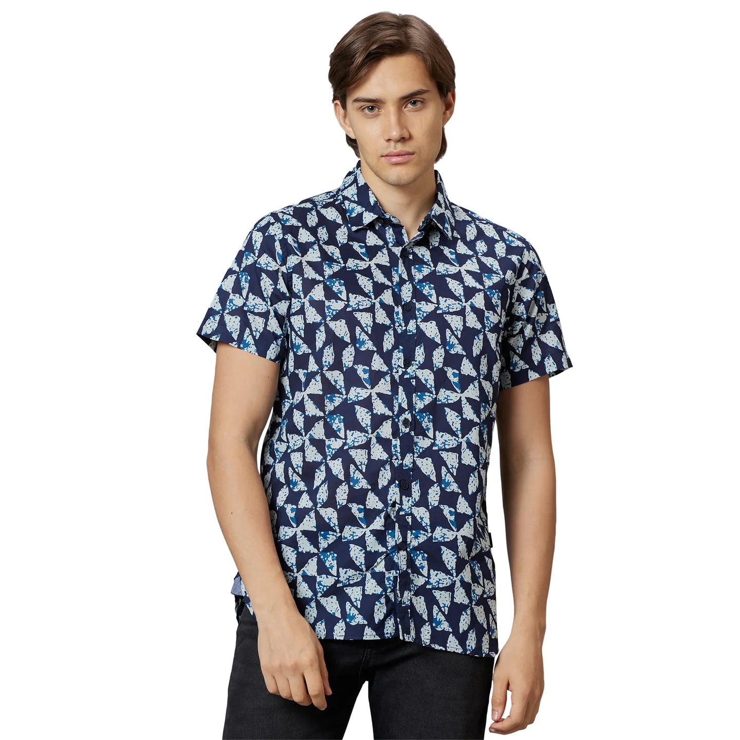 Blue Slim Straight Fit Regular Collar Short Sleeves Cotton Men's Shirt by Being Human Clothing