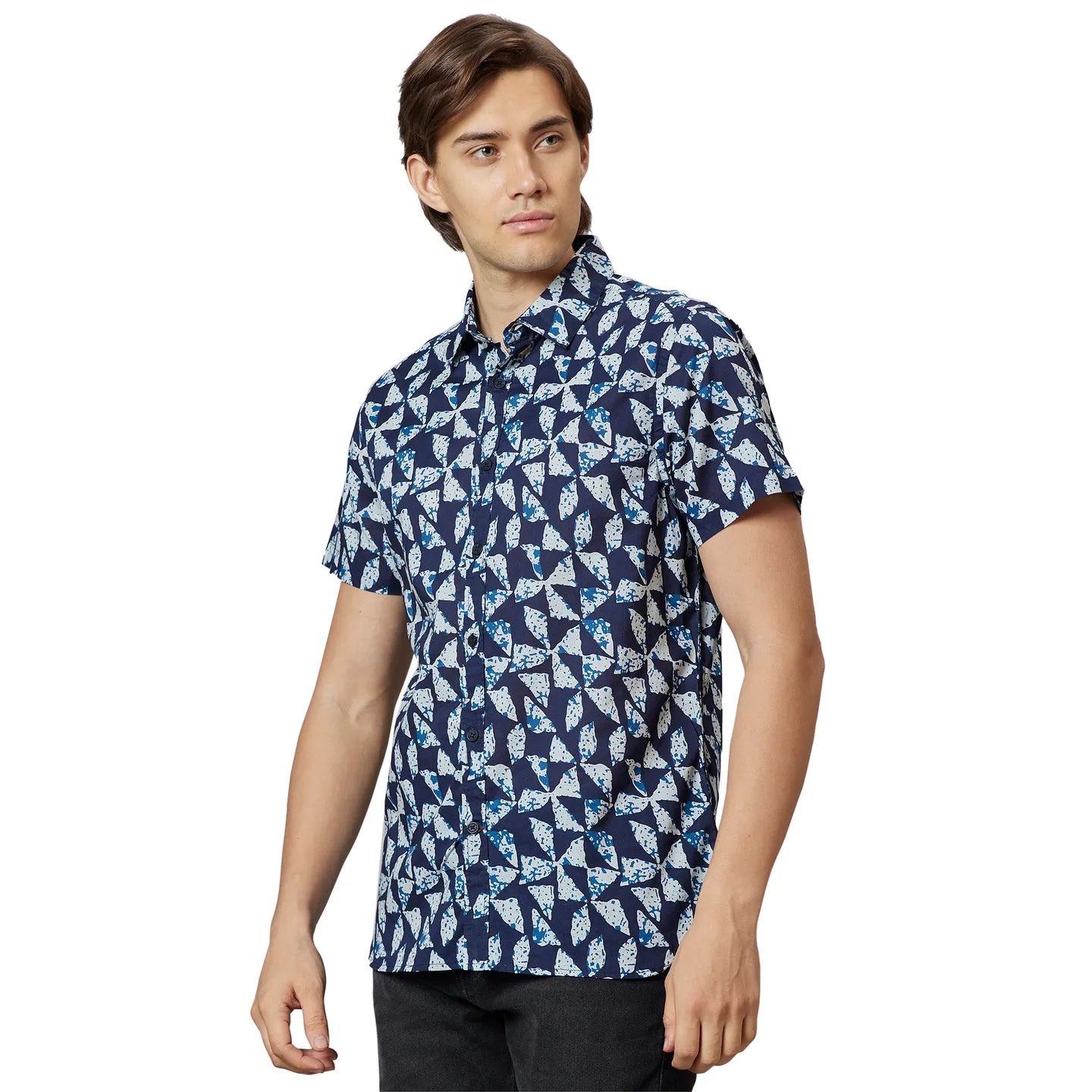 Blue Slim Straight Fit Regular Collar Short Sleeves Cotton Men's Shirt by Being Human Clothing