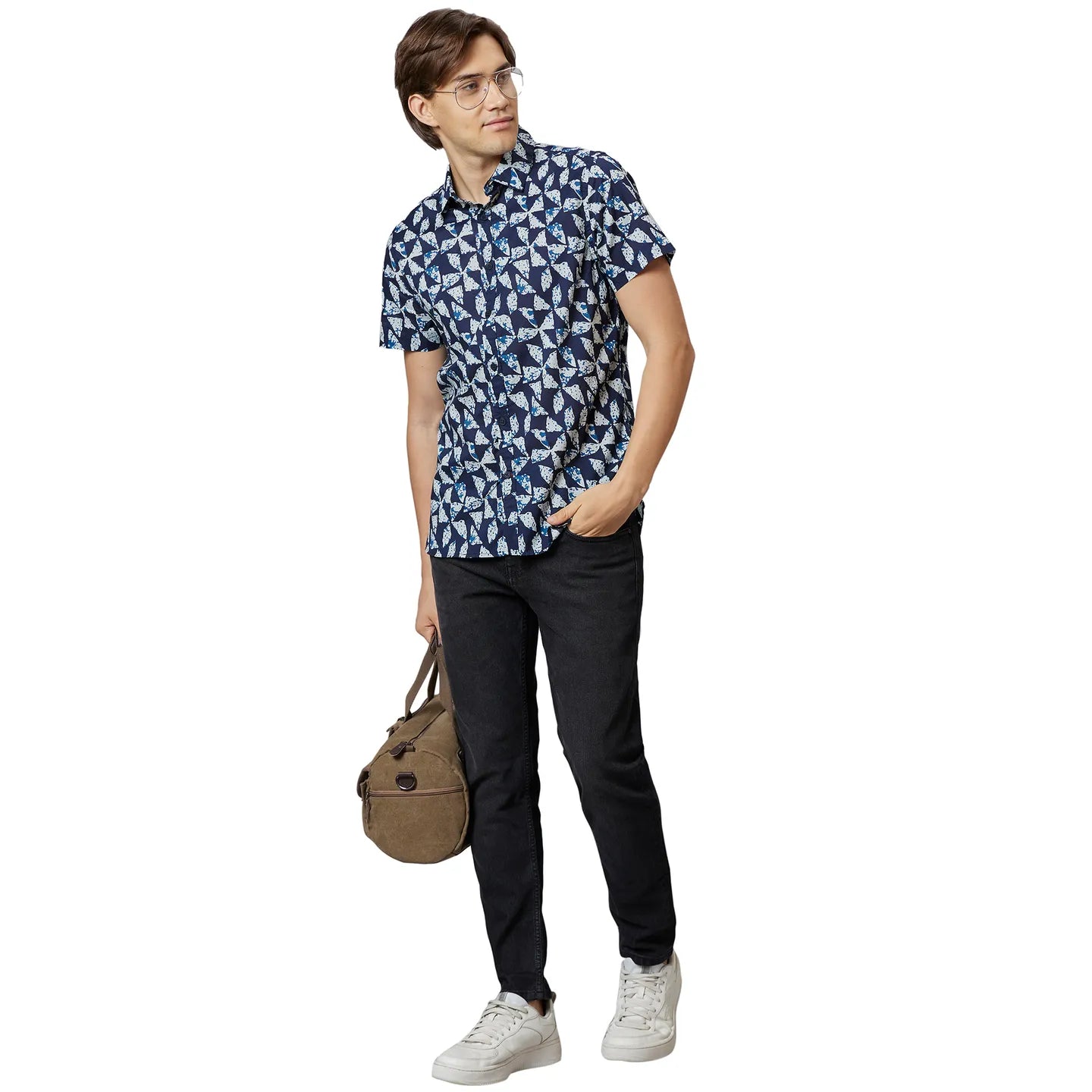 Blue Slim Straight Fit Regular Collar Short Sleeves Cotton Men's Shirt by Being Human Clothing