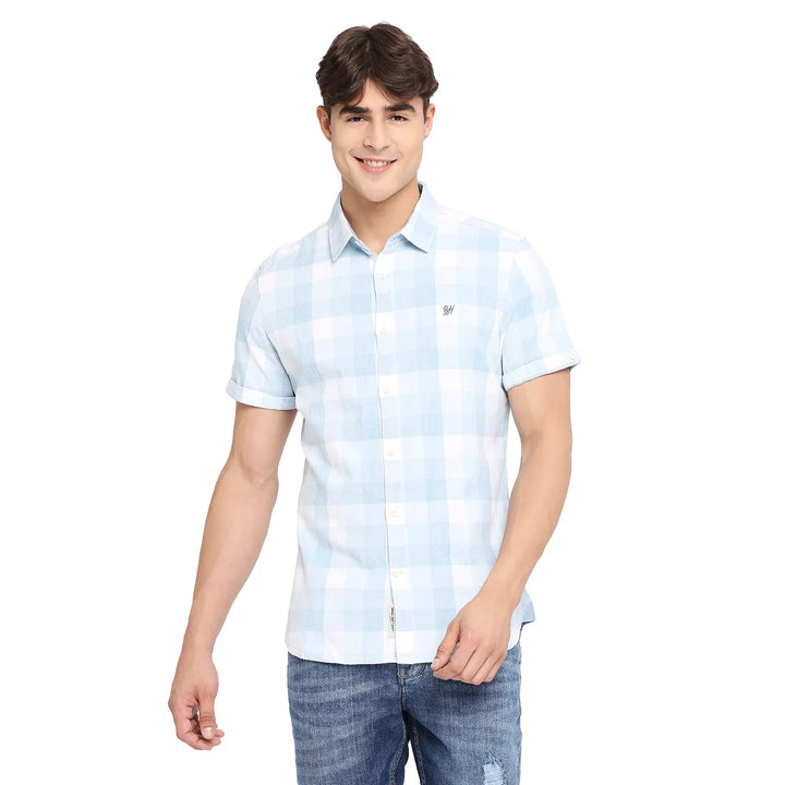 Blue Slim Straight Fit Regular Collar Short Sleeves Cotton Men's Shirt by Being Human Clothing