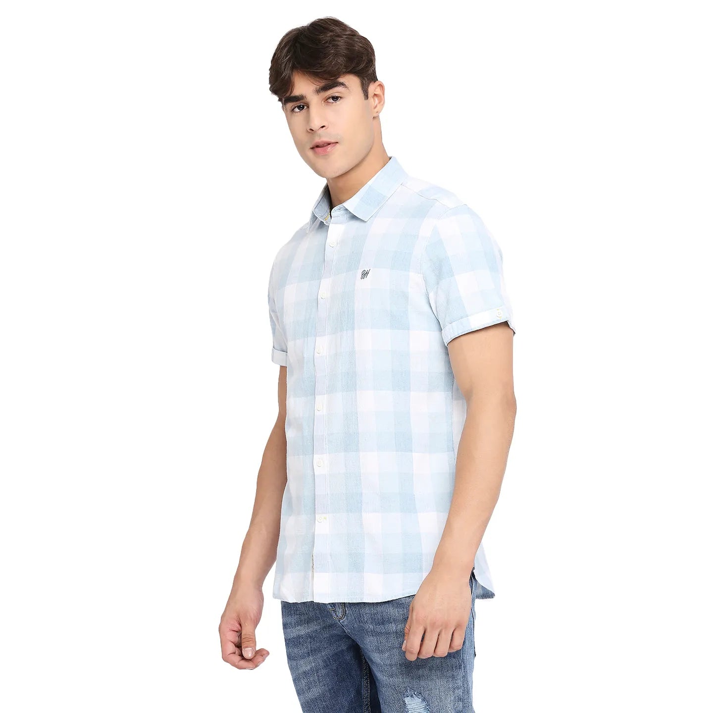 Blue Slim Straight Fit Regular Collar Short Sleeves Cotton Men's Shirt by Being Human Clothing
