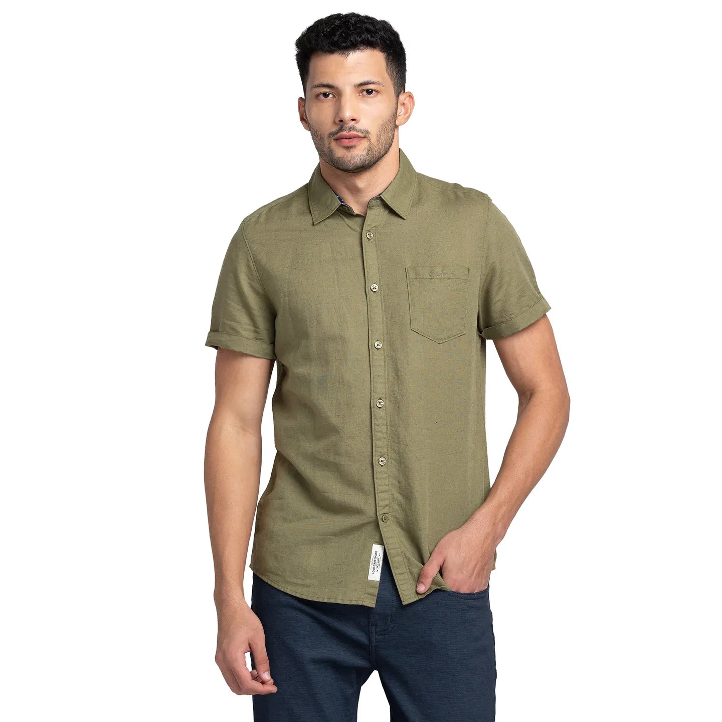 Olive Slim Straight Fit Regular Collar Short Sleeves Cotton Men's Shirt by Being Human Clothing