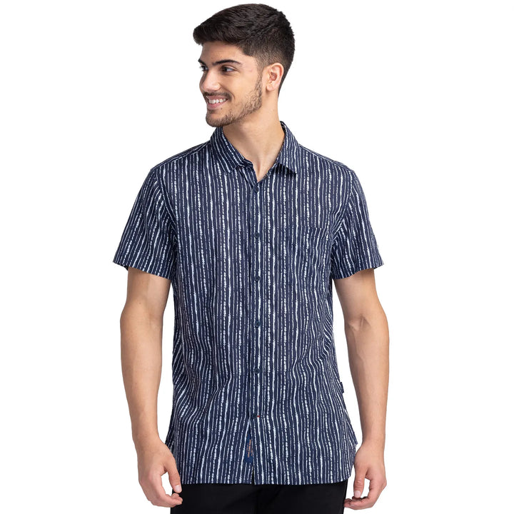 Blue Slim Straight Fit Regular Collar Short Sleeves Cotton Men's Shirt by Being Human Clothing