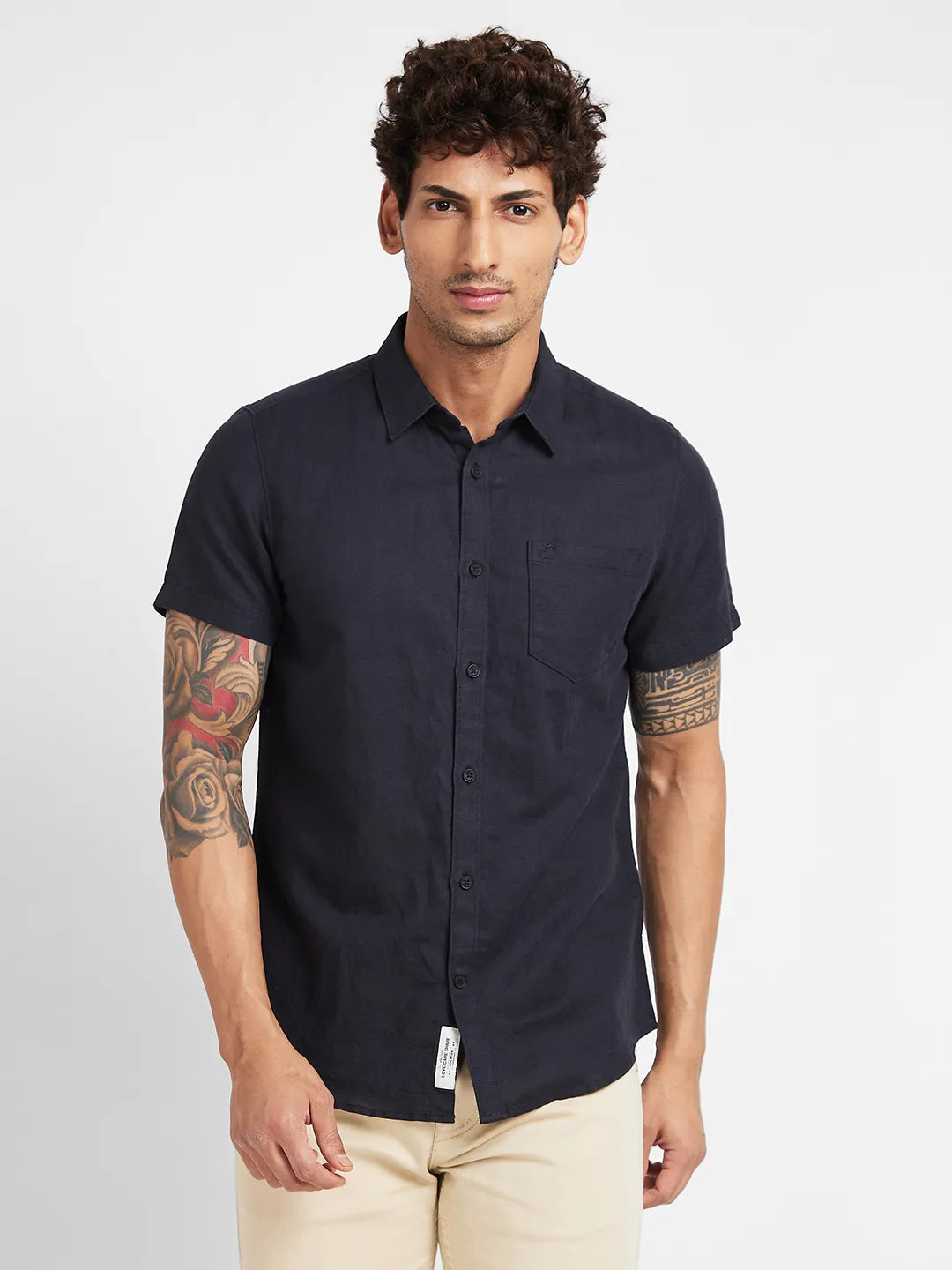 Black Slim Straight Fit Regular Collar Short Sleeves Men's Shirt by Being Human Clothing