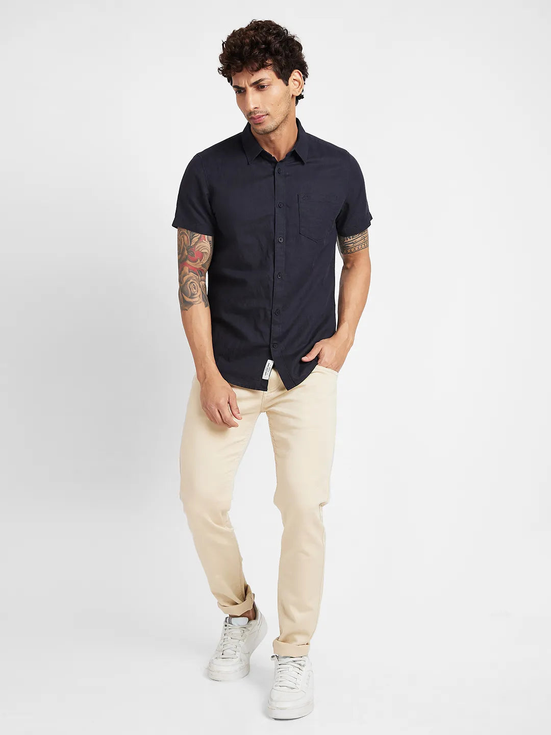 Black Slim Straight Fit Regular Collar Short Sleeves Men's Shirt by Being Human Clothing