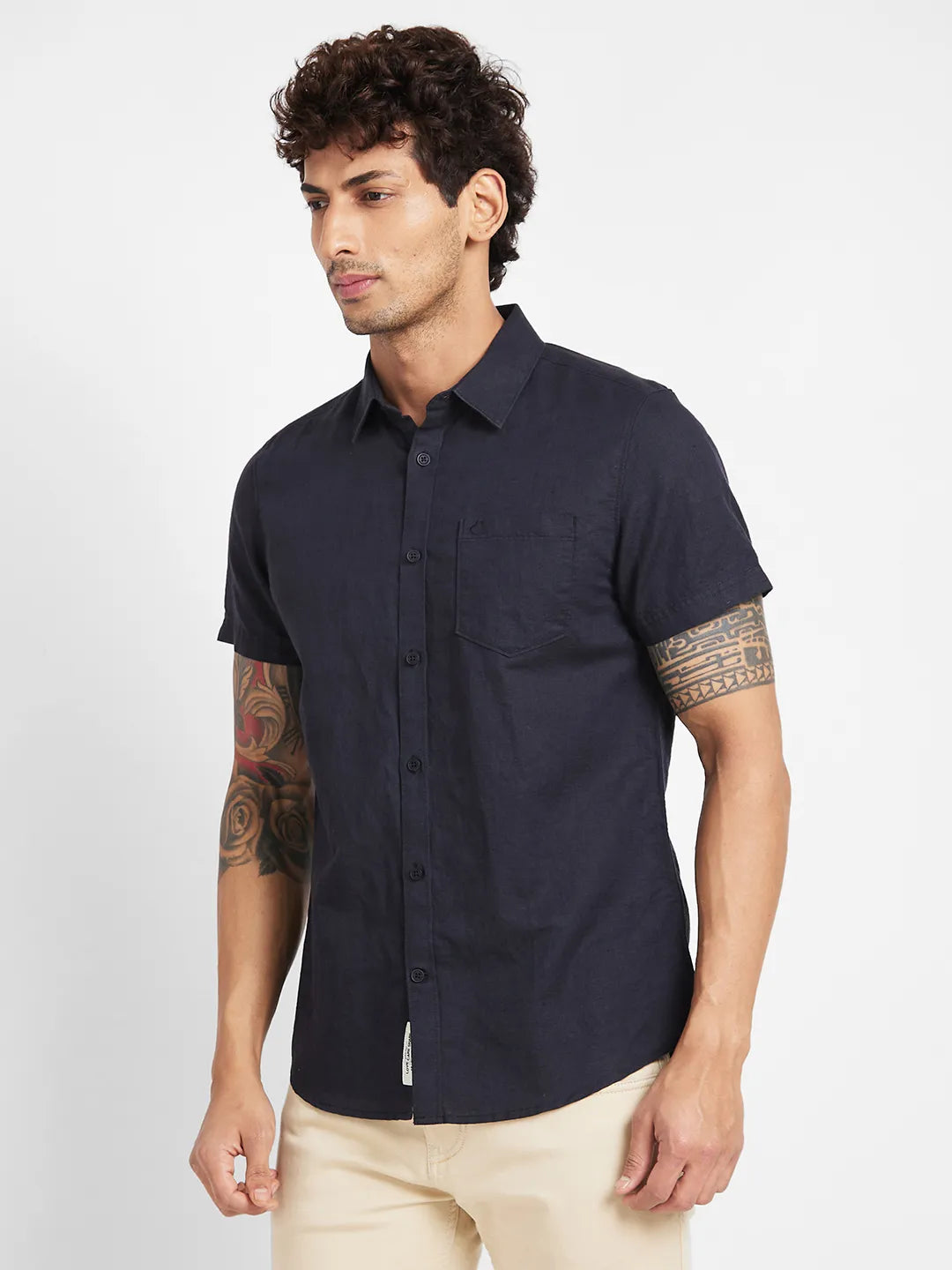 Black Slim Straight Fit Regular Collar Short Sleeves Men's Shirt by Being Human Clothing