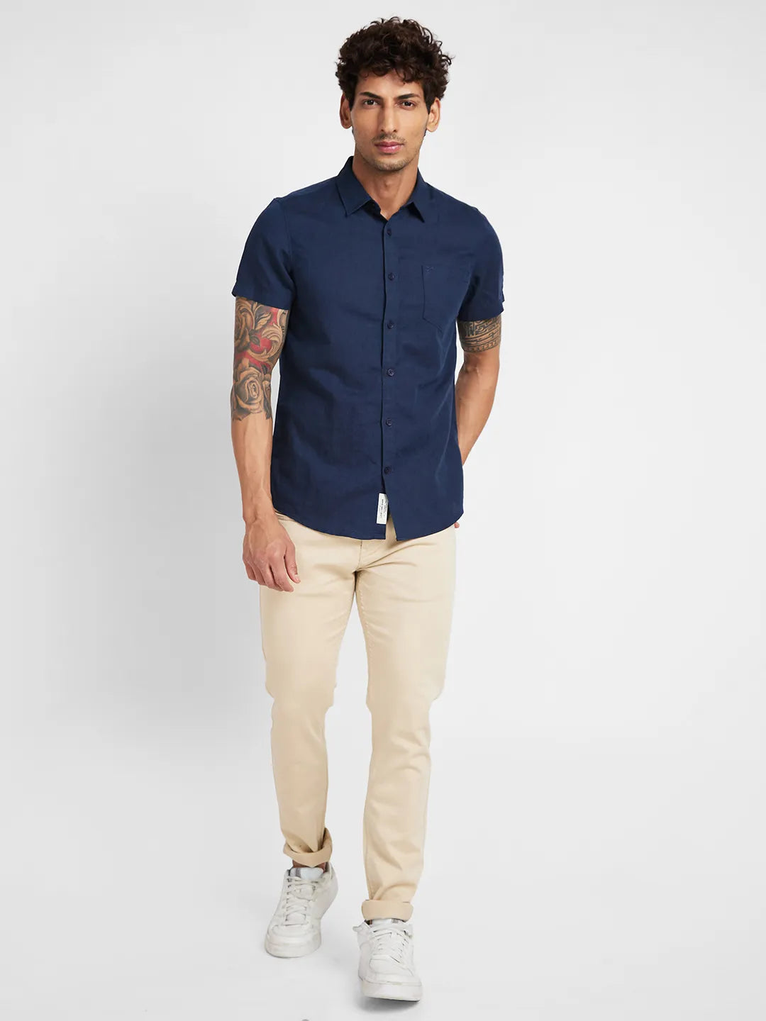 Blue Slim Straight Fit Regular Collar Short Sleeves Men's Shirt by Being Human Clothing