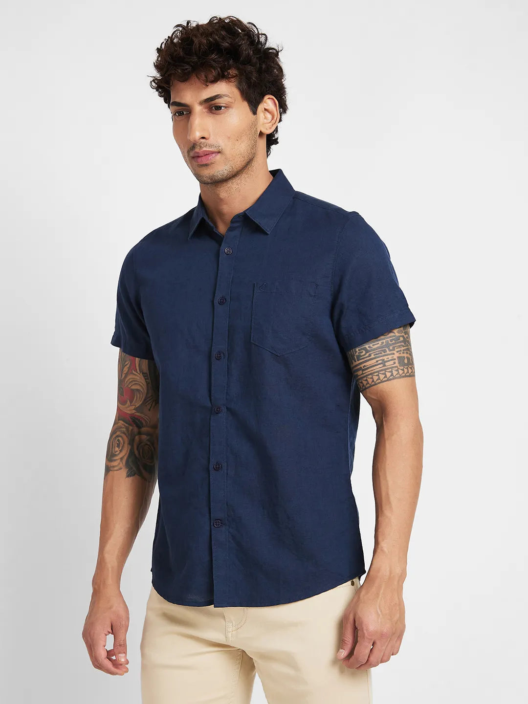 Blue Slim Straight Fit Regular Collar Short Sleeves Men's Shirt by Being Human Clothing