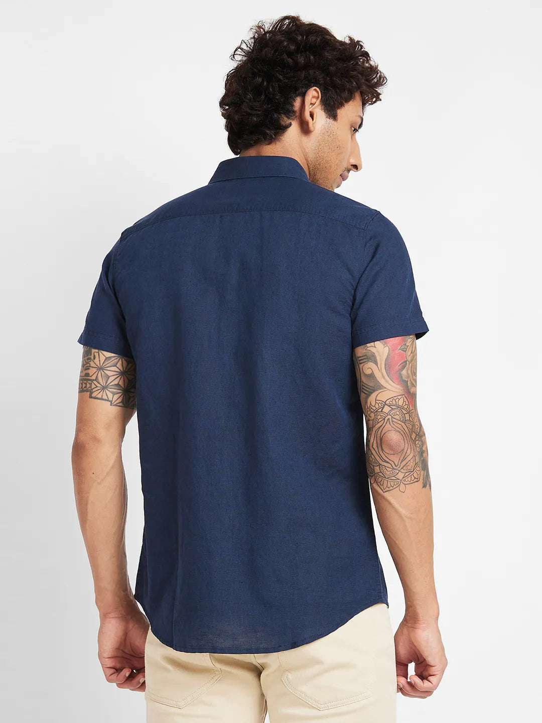 Blue Slim Straight Fit Regular Collar Short Sleeves Men's Shirt by Being Human Clothing