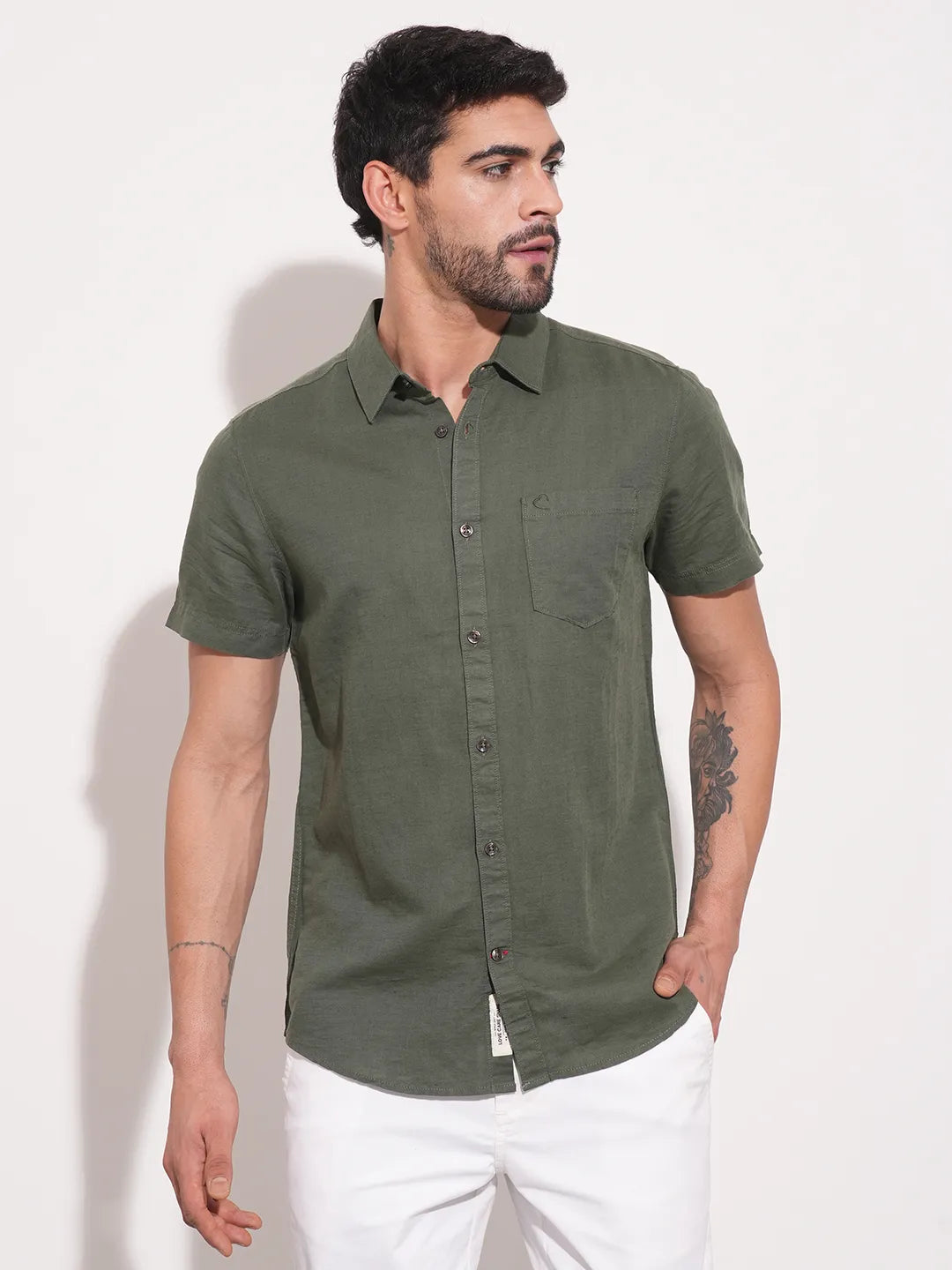 Olive Slim Straight Fit Regular Collar Short Sleeves Men's Shirt by Being Human Clothing