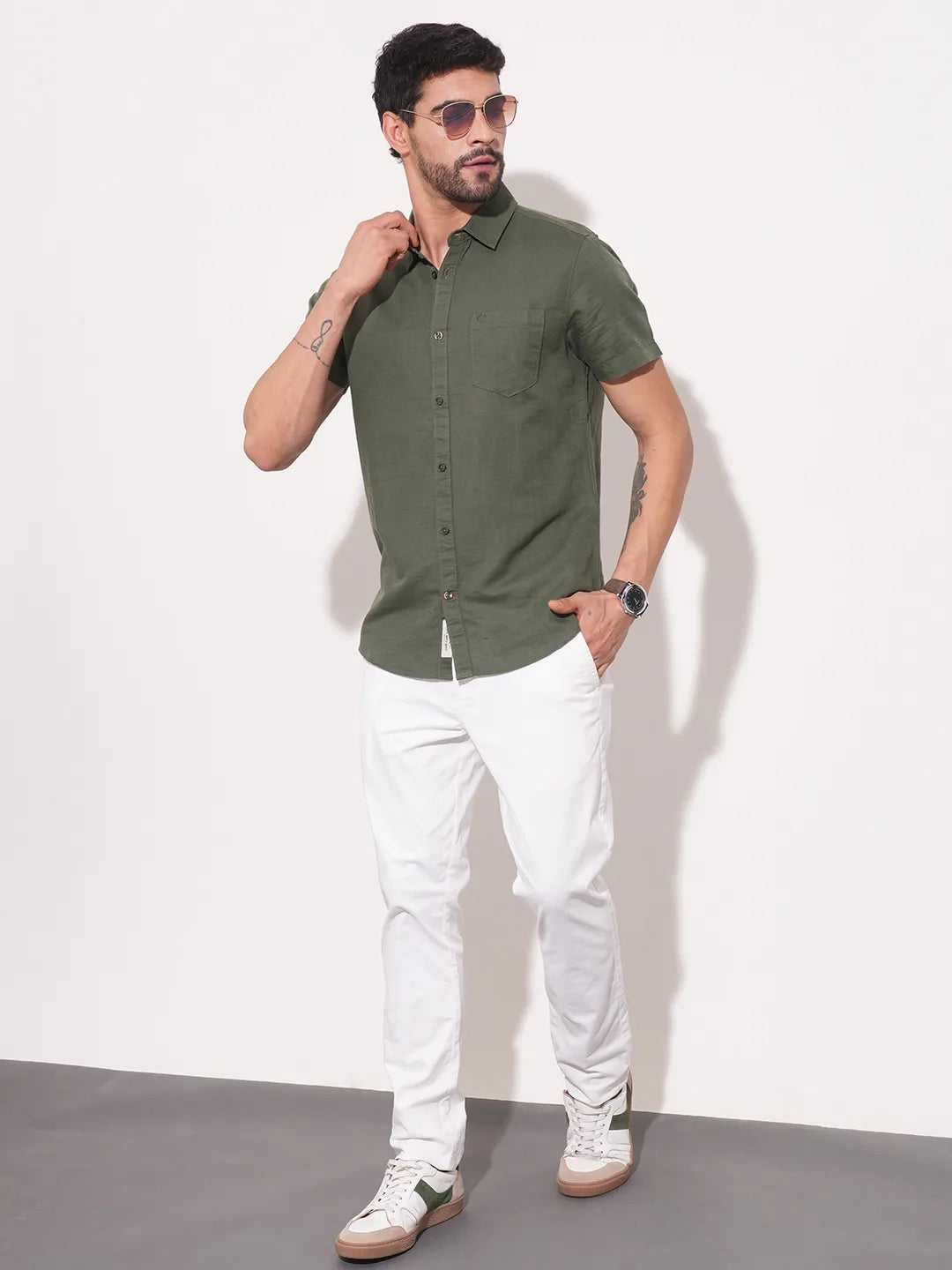 Olive Slim Straight Fit Regular Collar Short Sleeves Men's Shirt by Being Human Clothing