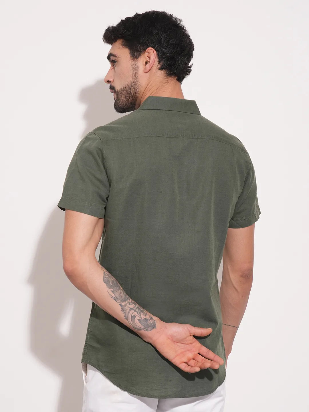 Olive Slim Straight Fit Regular Collar Short Sleeves Men's Shirt by Being Human Clothing