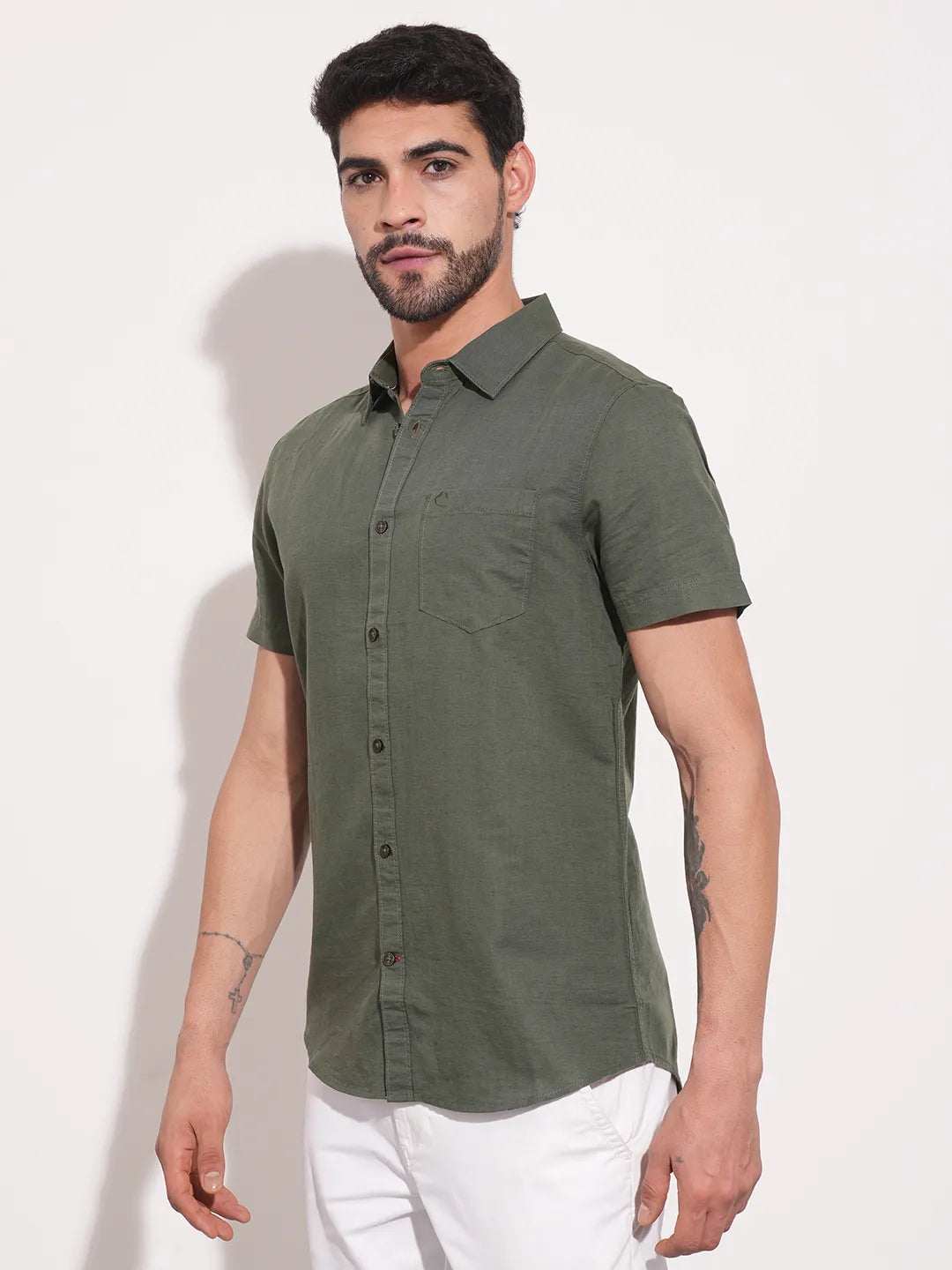 Olive Slim Straight Fit Regular Collar Short Sleeves Men's Shirt by Being Human Clothing