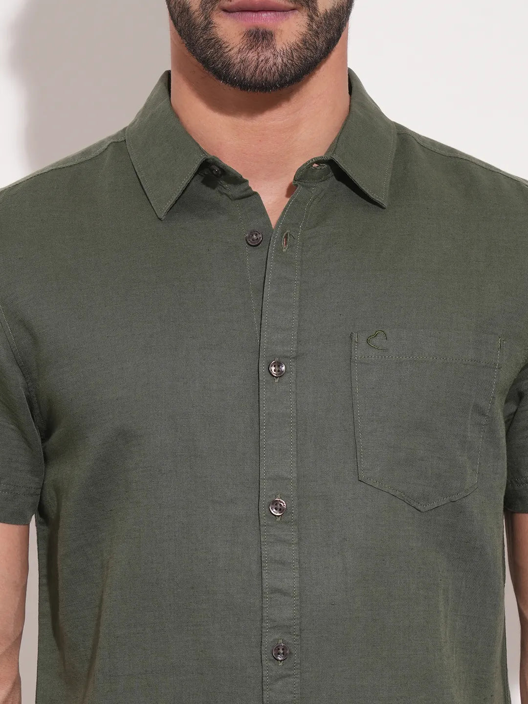 Olive Slim Straight Fit Regular Collar Short Sleeves Men's Shirt by Being Human Clothing