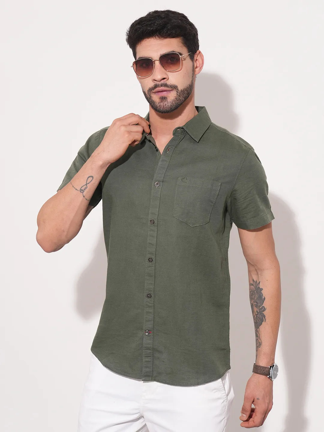Olive Slim Straight Fit Regular Collar Short Sleeves Men's Shirt by Being Human Clothing