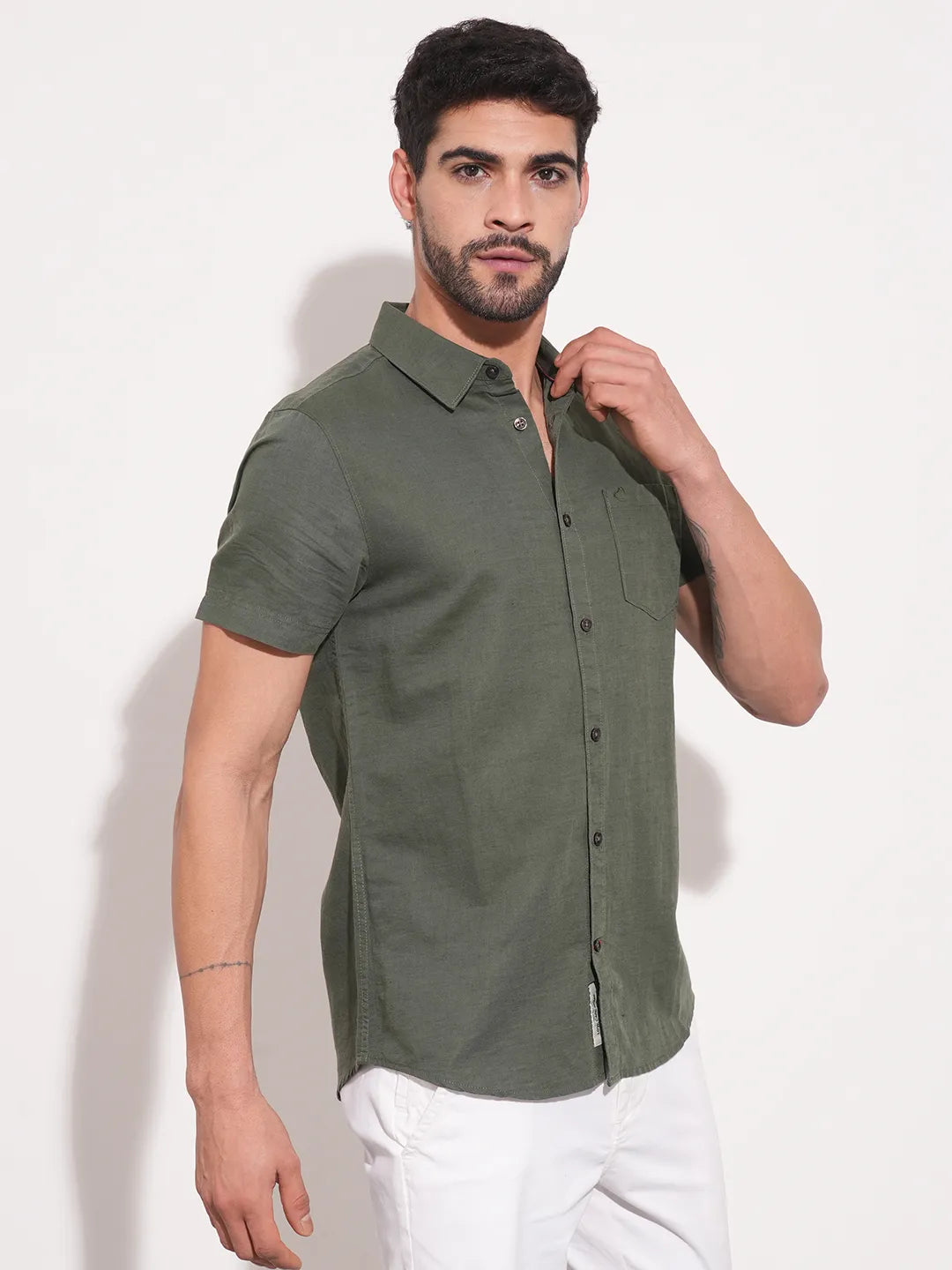 Olive Slim Straight Fit Regular Collar Short Sleeves Men's Shirt by Being Human Clothing