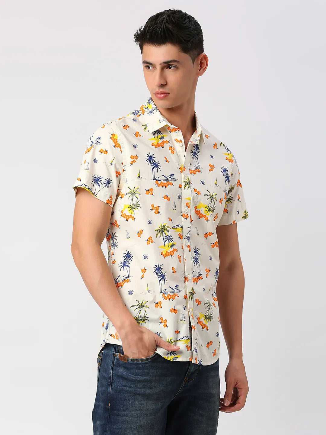 Off White Slim Fit Regular Collar Men's Shirt by Being Human Clothing