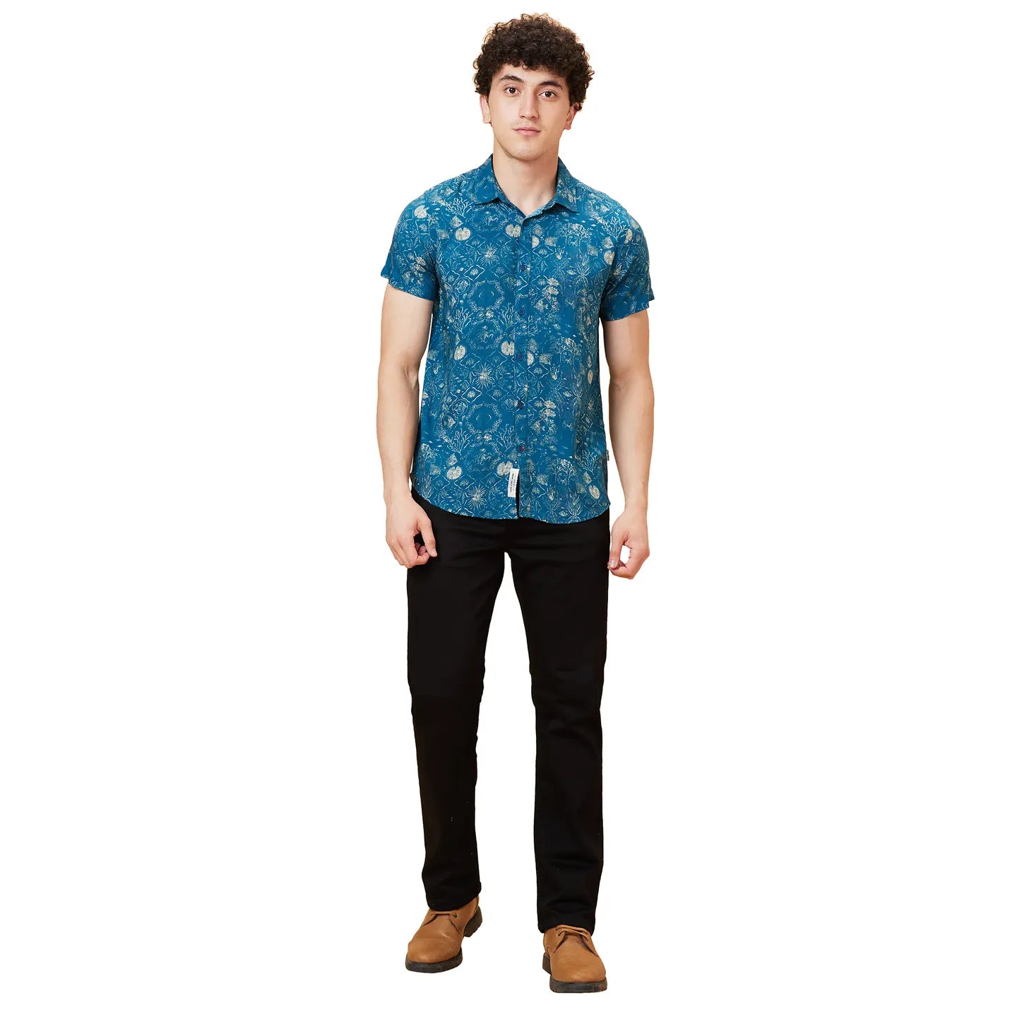 Blue Slim Straight Fit Regular Collar Short Sleeves Men's Shirt by Being Human Clothing