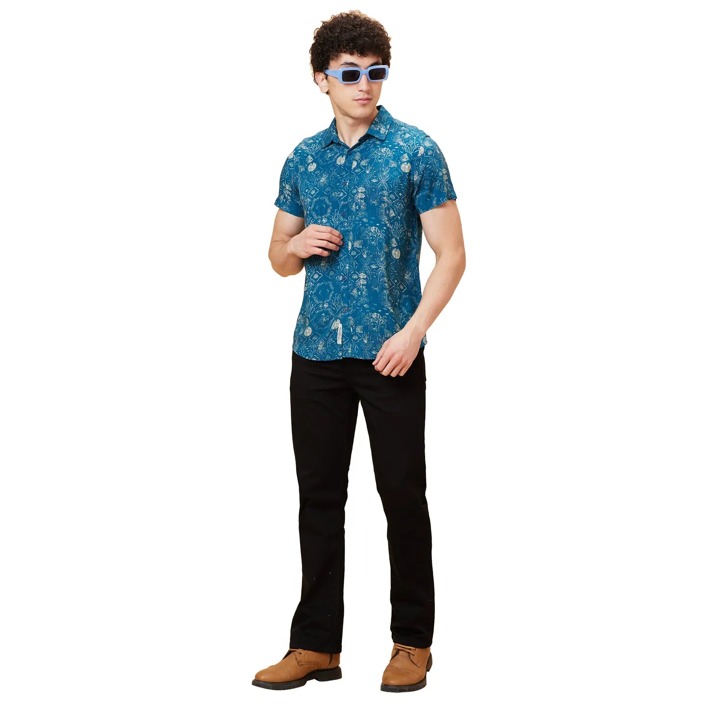 Blue Slim Straight Fit Regular Collar Short Sleeves Men's Shirt by Being Human Clothing