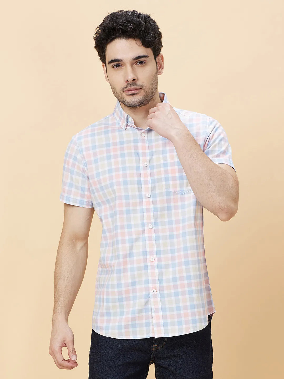 Blue Slim Straight Fit Regular Collar Short Sleeves Men's Shirt by Being Human Clothing