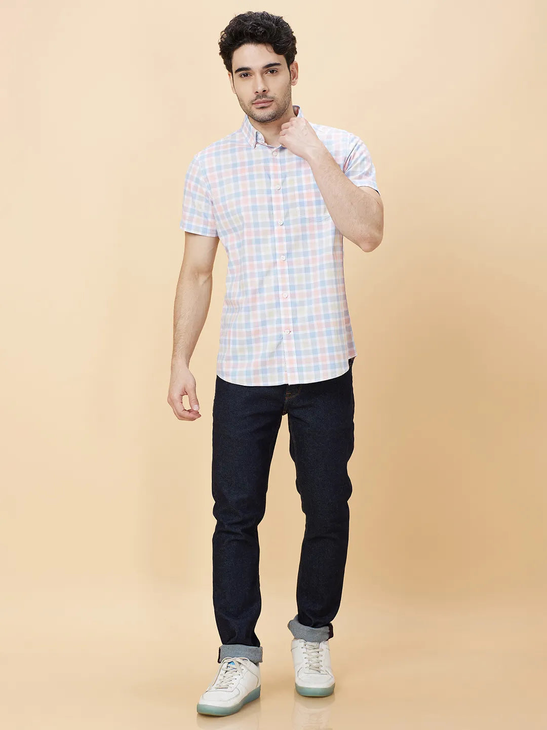 Blue Slim Straight Fit Regular Collar Short Sleeves Men's Shirt by Being Human Clothing