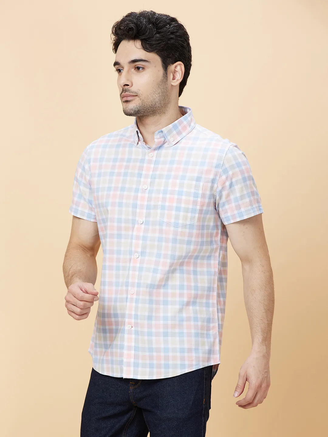 Blue Slim Straight Fit Regular Collar Short Sleeves Men's Shirt by Being Human Clothing