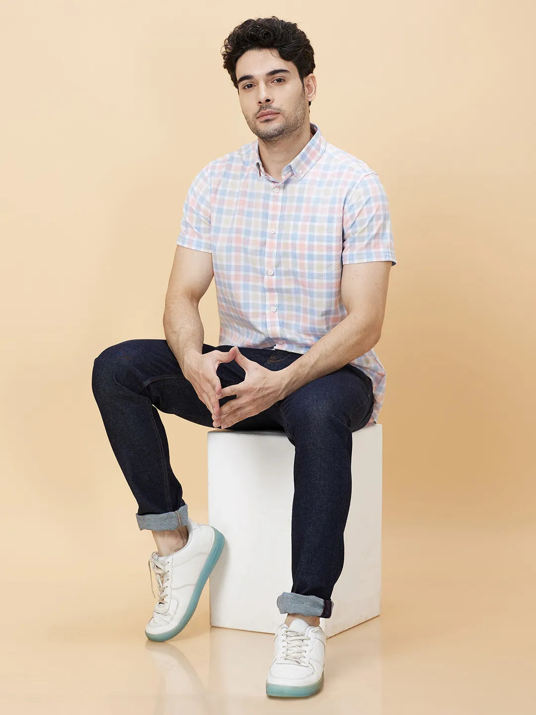 Blue Slim Straight Fit Regular Collar Short Sleeves Men's Shirt by Being Human Clothing