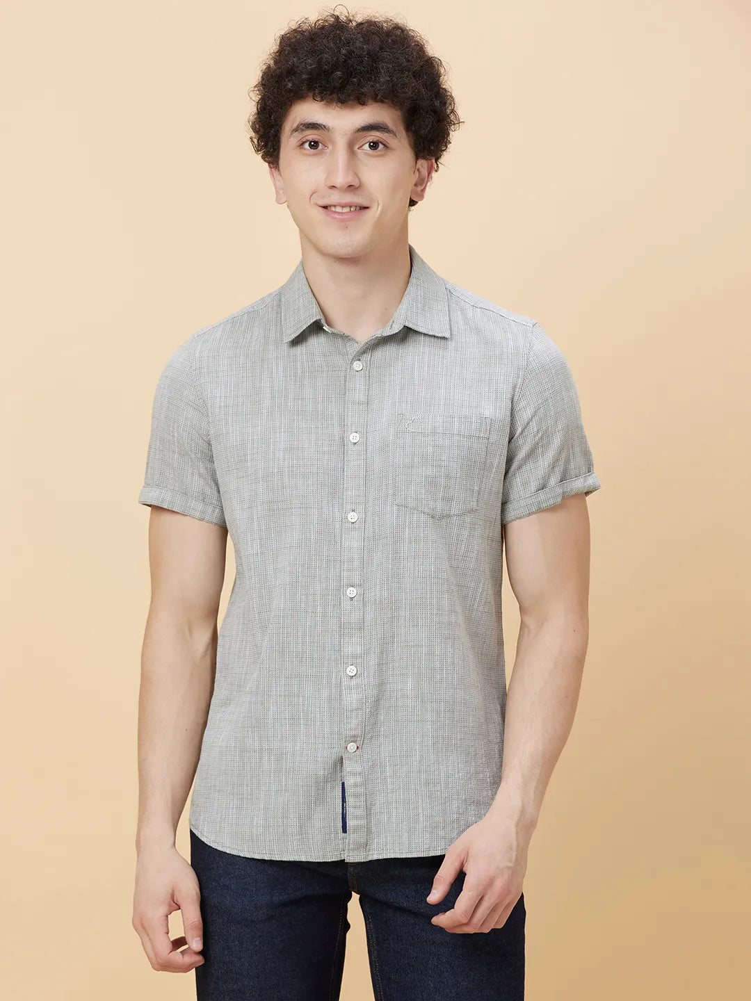 Olive Slim Straight Fit Regular Collar Short Sleeves Men's Shirt by Being Human Clothing