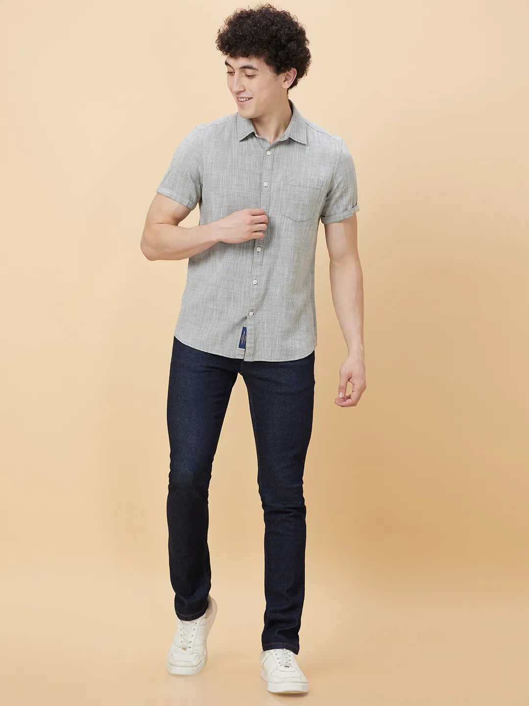 Olive Slim Straight Fit Regular Collar Short Sleeves Men's Shirt by Being Human Clothing