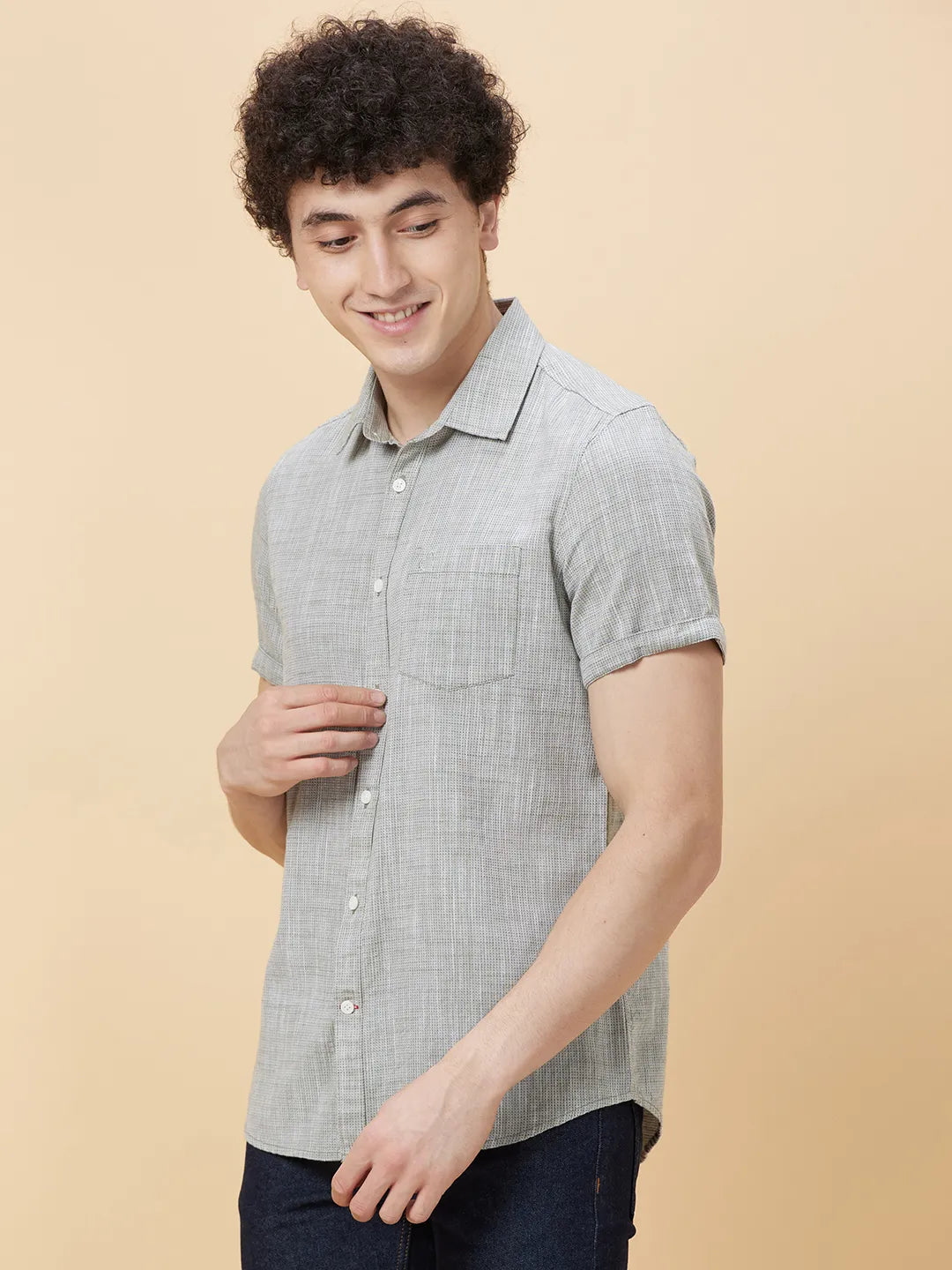 Olive Slim Straight Fit Regular Collar Short Sleeves Men's Shirt by Being Human Clothing