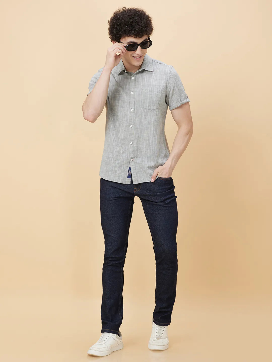 Olive Slim Straight Fit Regular Collar Short Sleeves Men's Shirt by Being Human Clothing