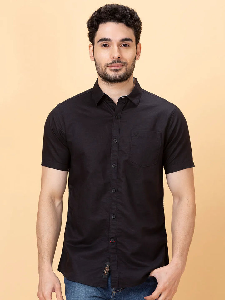 Black Slim Fit Regular Collar Men's Shirt by Being Human Clothing