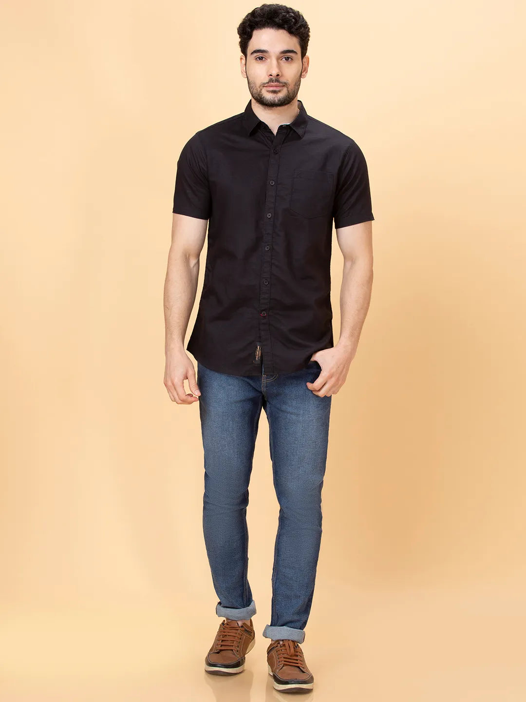 Black Slim Fit Regular Collar Men's Shirt by Being Human Clothing