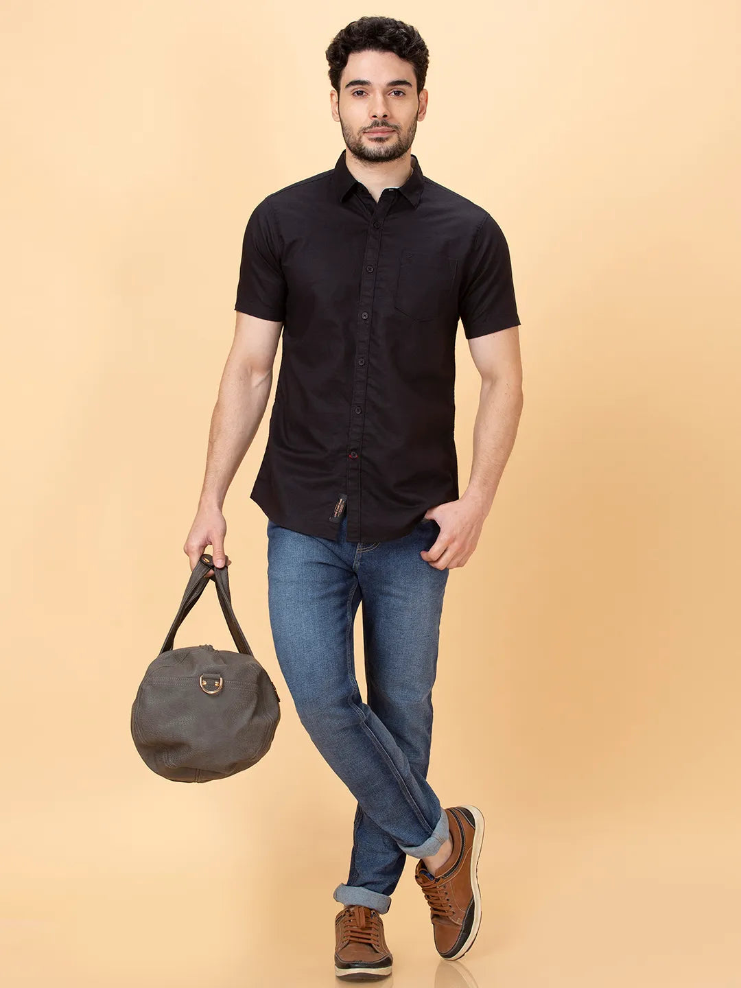 Black Slim Fit Regular Collar Men's Shirt by Being Human Clothing