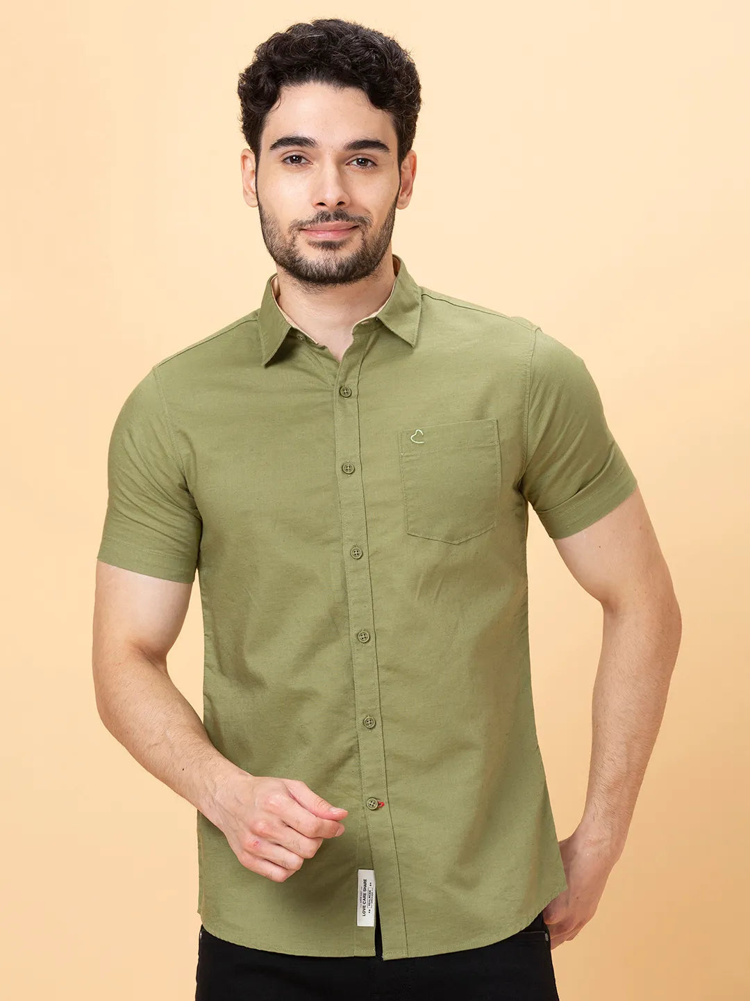 Olive Slim Straight Fit Regular Collar Short Sleeves Men's Shirt by Being Human Clothing