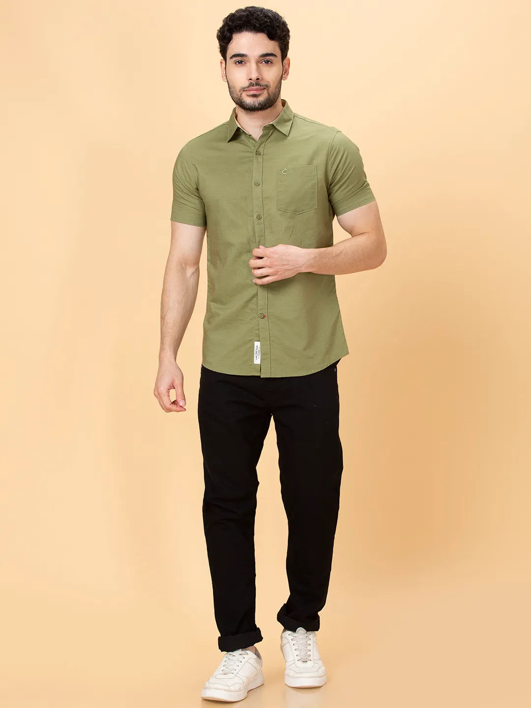 Olive Slim Straight Fit Regular Collar Short Sleeves Men's Shirt by Being Human Clothing
