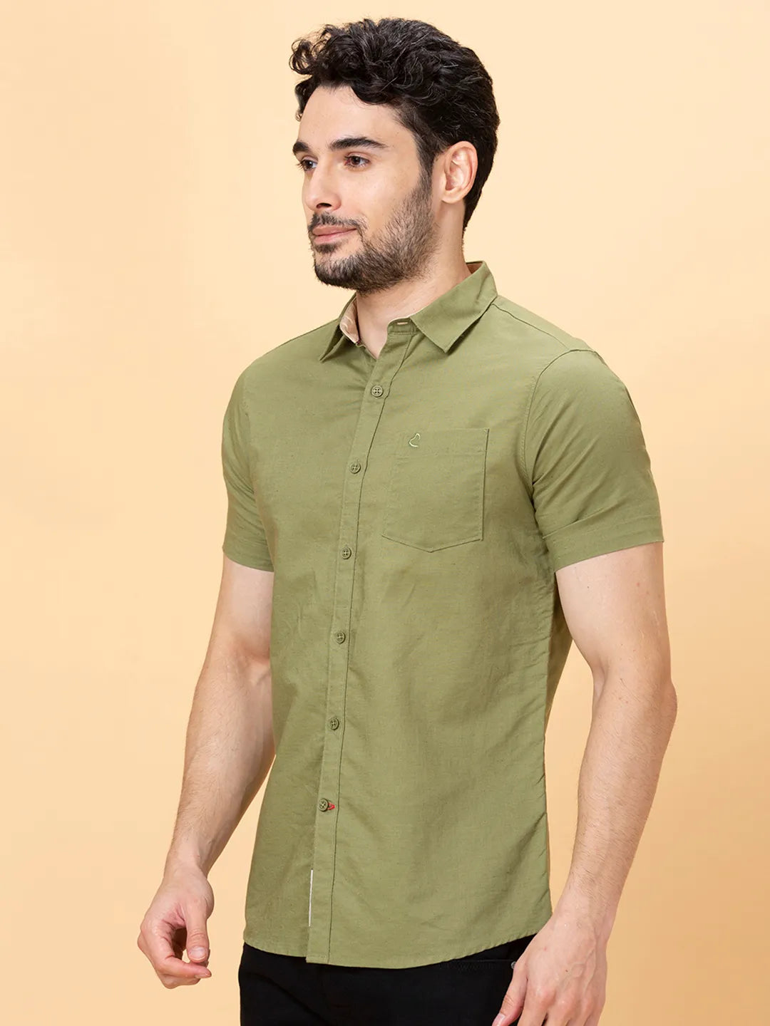 Olive Slim Straight Fit Regular Collar Short Sleeves Men's Shirt by Being Human Clothing